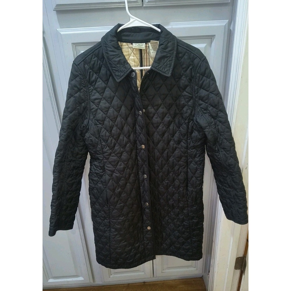 L.L. Bean Quilted Jacket Black Medium Plaid Lined Mid-Length Womens